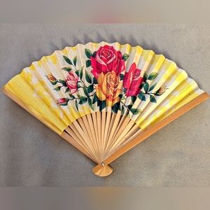 Vintage Yellow Pink Floral Hand Painted Fan Made in Taiwan